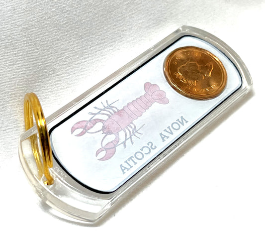 1996 CANADIAN PENNY ACRYLIC KEY RING: Celebrating NOVA SCOTIA and LOBSTER!