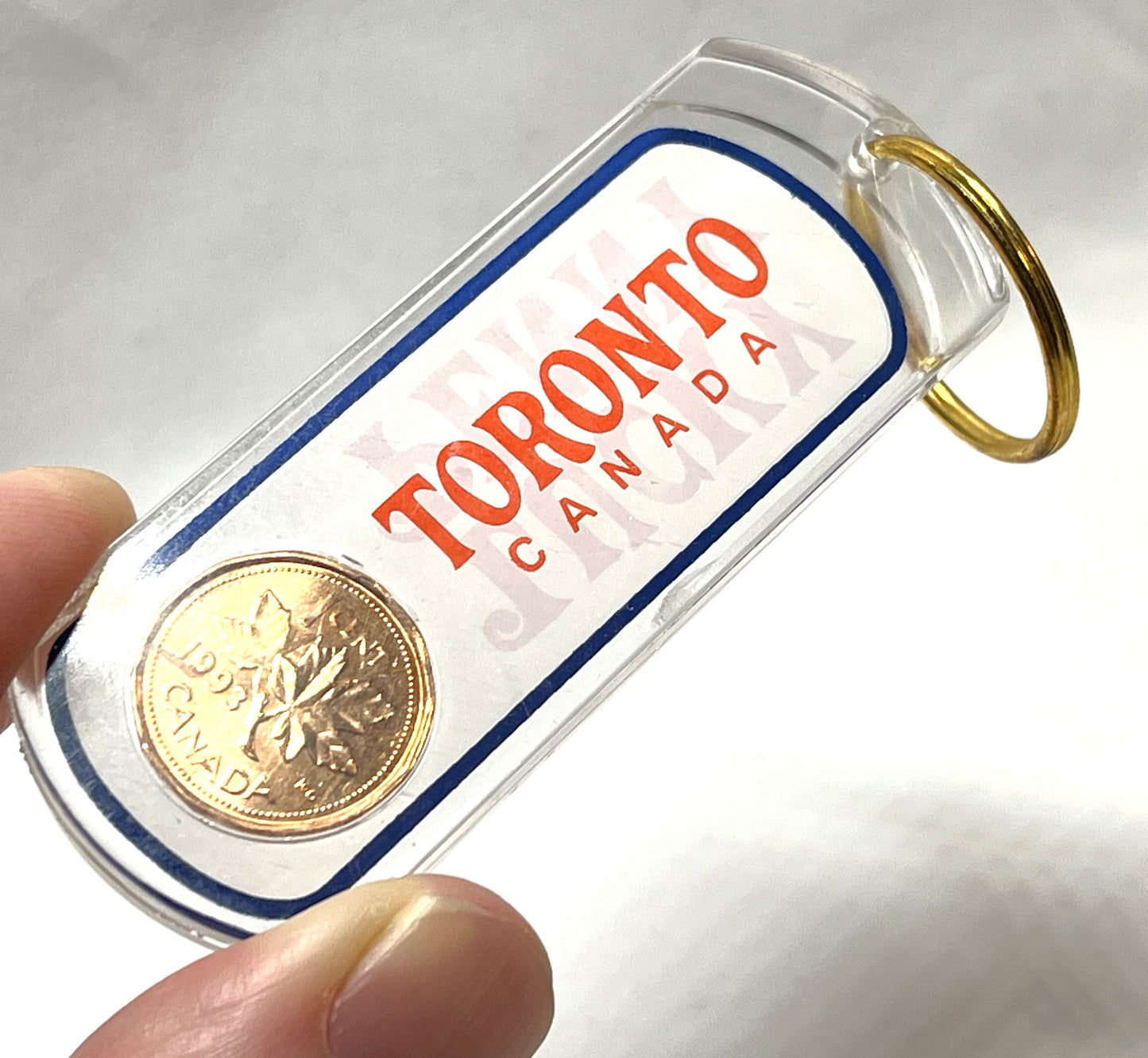 1993 CANADIAN LUCKY PENNY ACRYLIC KEY RING: Celebrating TORONTO, CANADA!