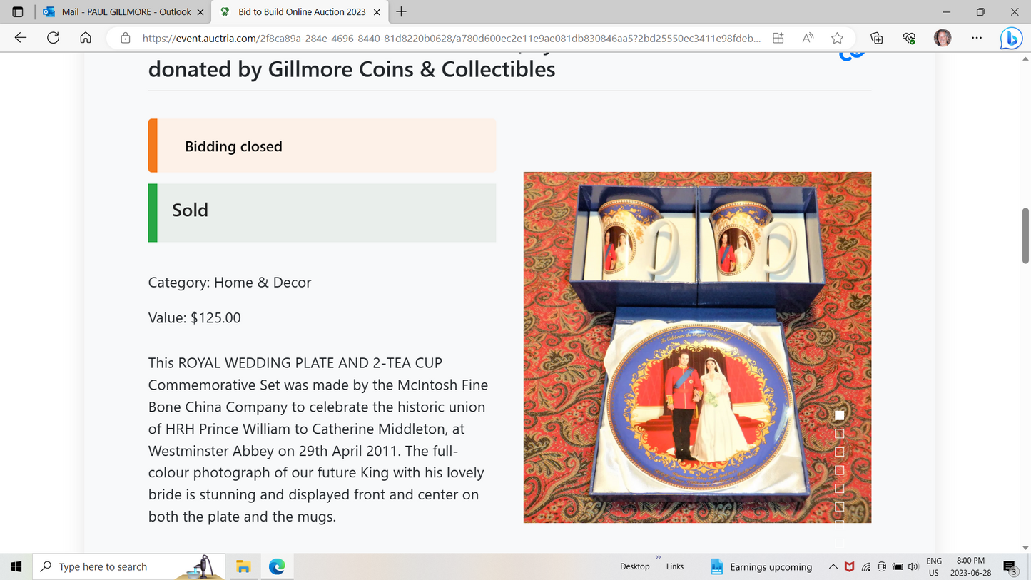 HRH Prince William & Catherine Middleton ROYAL WEDDING PLATE AND 2-TEA CUP Commemorative Set, by McIntosh