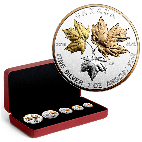 2016 Canadian Maple Leaf 5-COIN 99.99% FINE PURE SILVER Fractional Set: LONGEST REIGNING SOVEREIGN