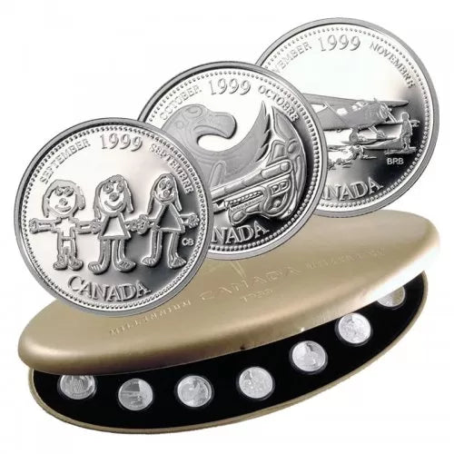 1999 CANADIAN MILLENNIUM QUARTER SET: Twelve .925 Silver Proof Coins in Clamshell Case
