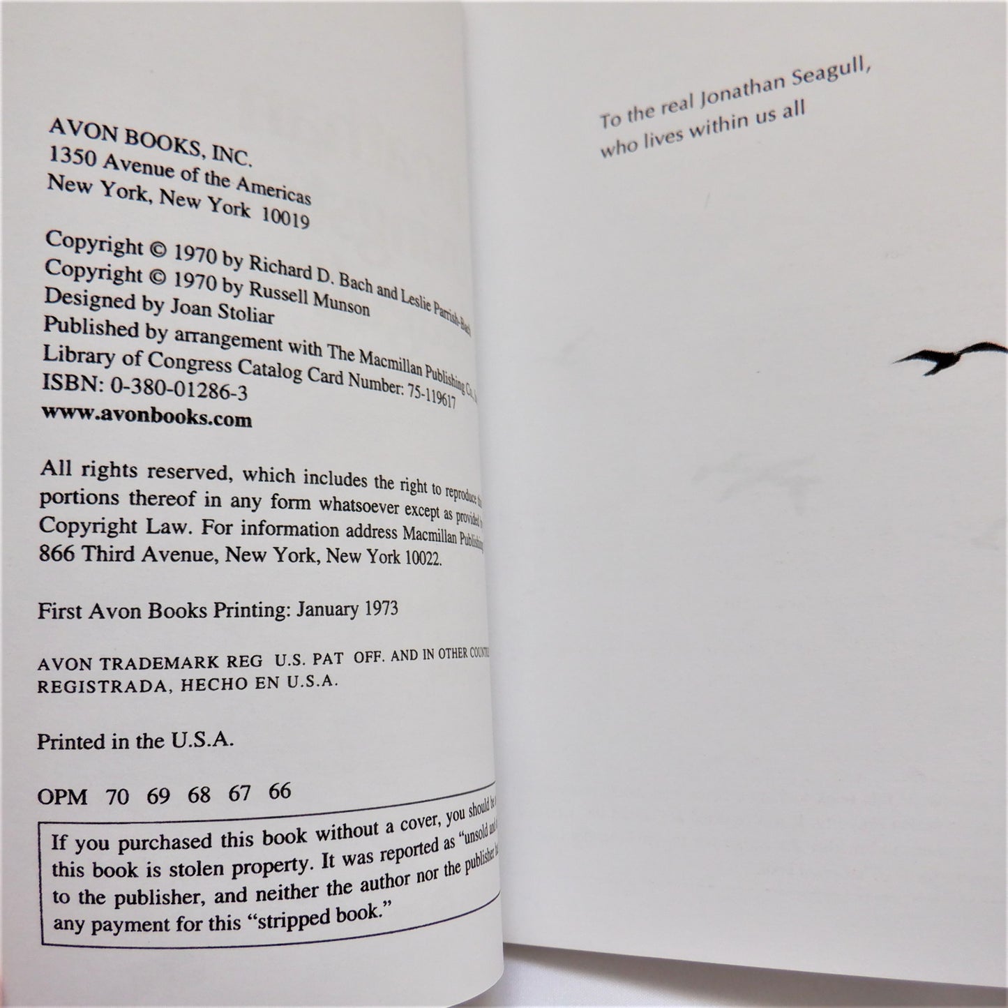 JONATHAN LIVINGSTON SEAGULL, A Story by Richard Bach, Rare 1st AVON BOOKS PRINTING: January 1973