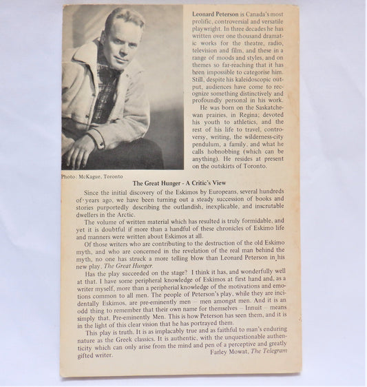 THE GREAT HUNGER, A New Canadian Play by Len Peterson (RARE 1967 1st Ed.)