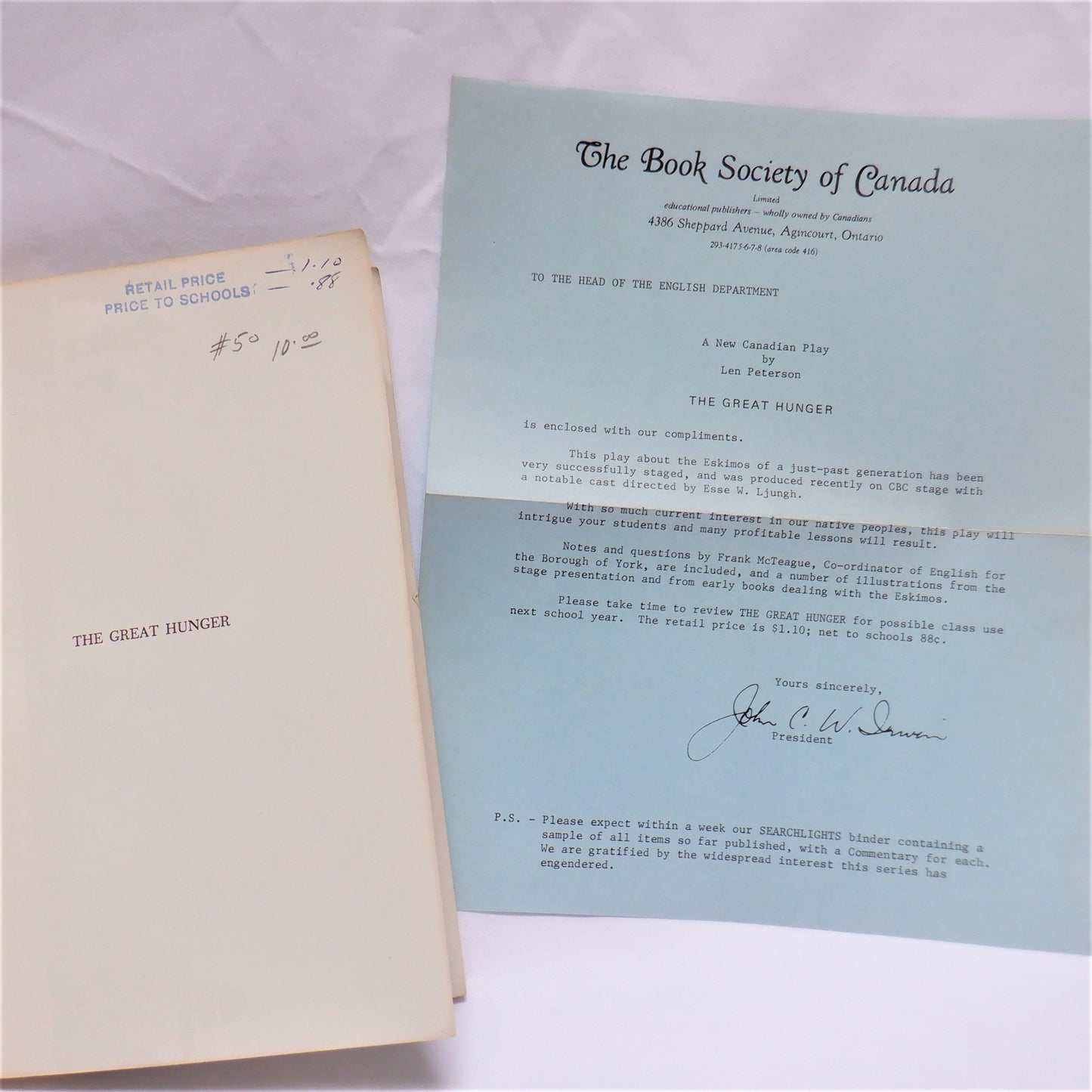 THE GREAT HUNGER, A New Canadian Play by Len Peterson (RARE 1967 1st Ed.)