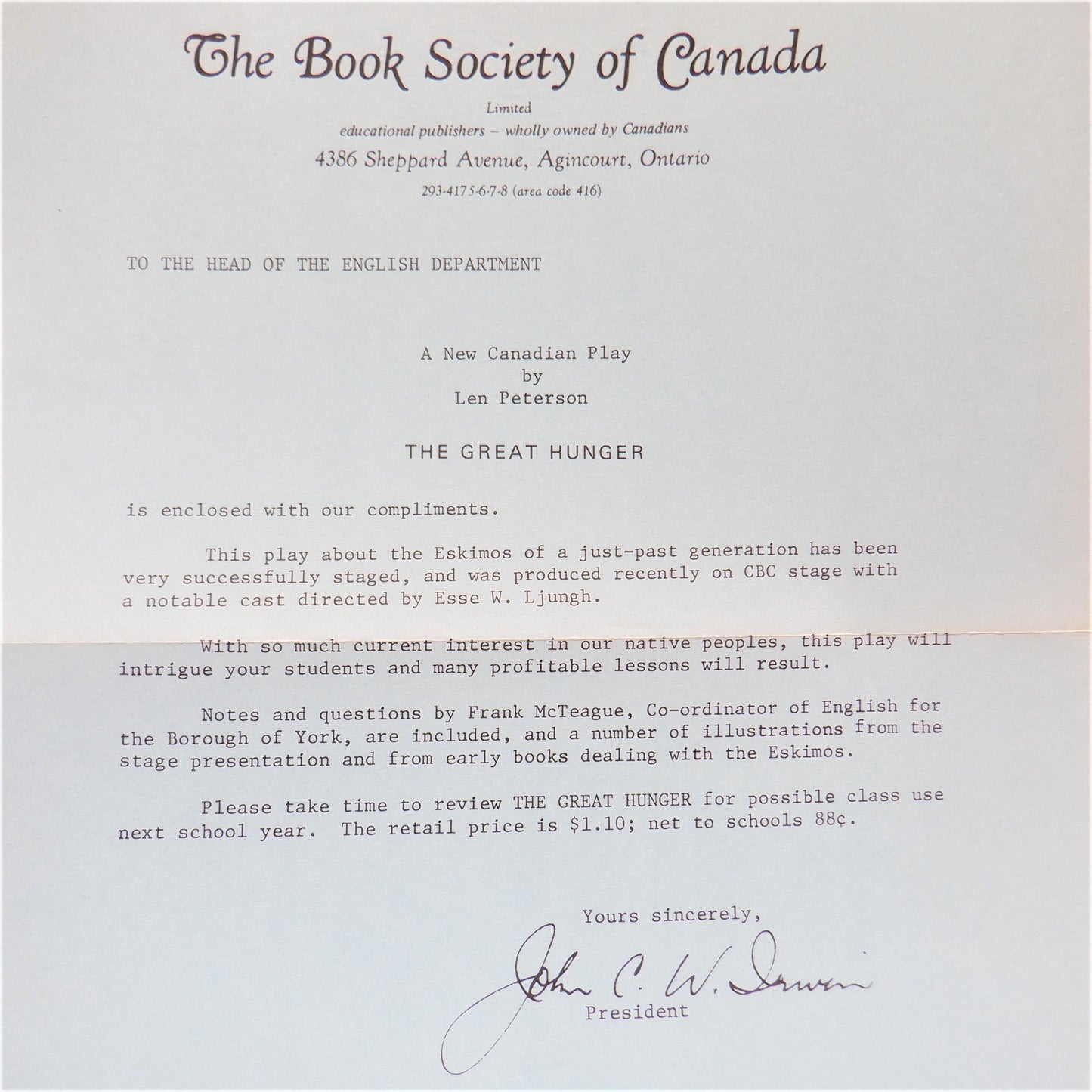 THE GREAT HUNGER, A New Canadian Play by Len Peterson (RARE 1967 1st Ed.)