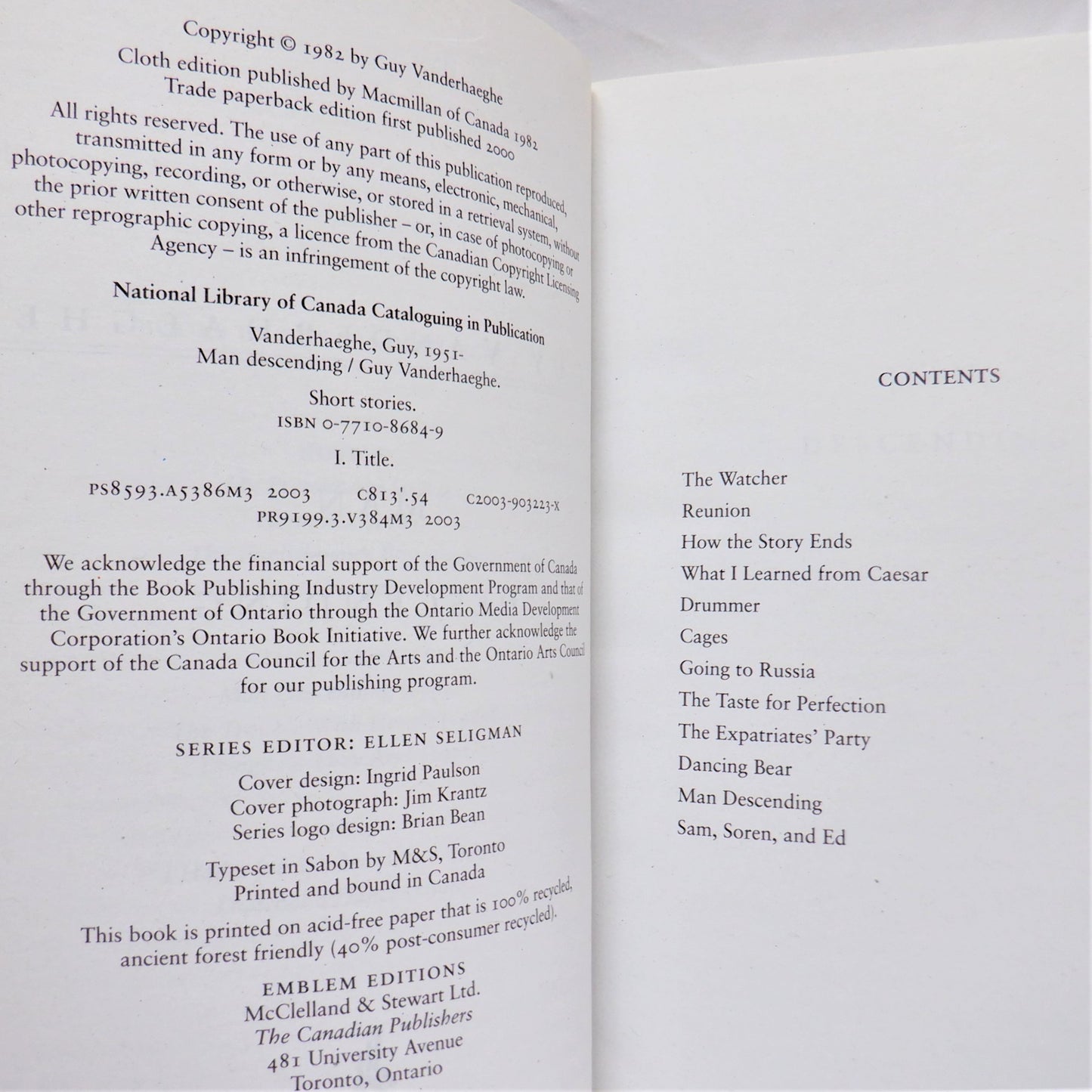 MAN DESCENDING, A Short Story Collection by Guy Vanderhaeghe, 2000