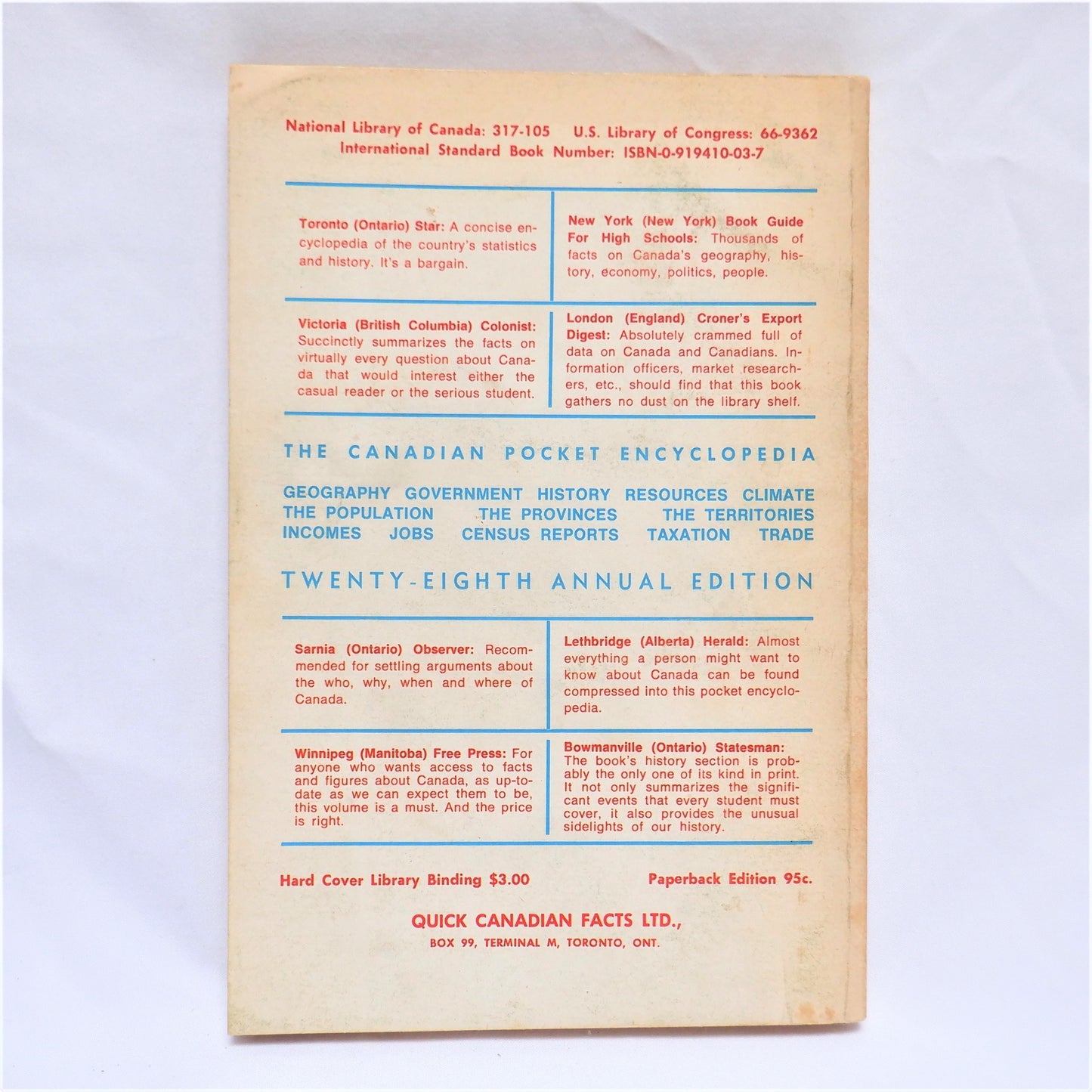 QUICK CANADIAN FACTS: The Canadian Pocket Encyclopedia (1972 1st Ed.)