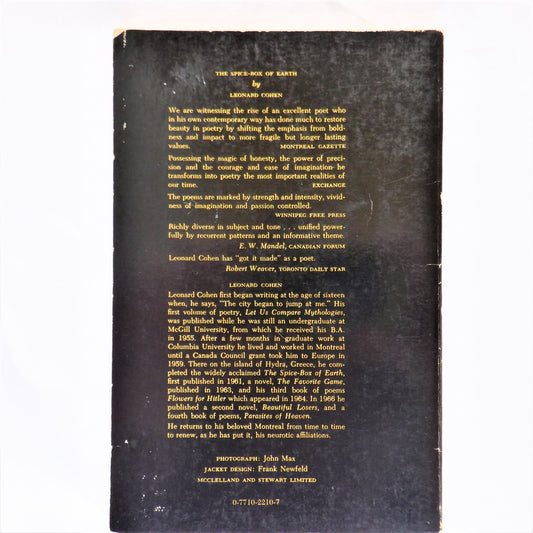 THE SPICE-BOX OF EARTH, Poems by Leonard Cohen, 1972