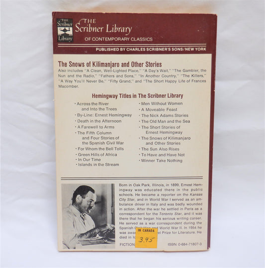 THE SNOWS OF KILIMANJARO and OTHER STORIES, by Ernest Hemingway, 1970