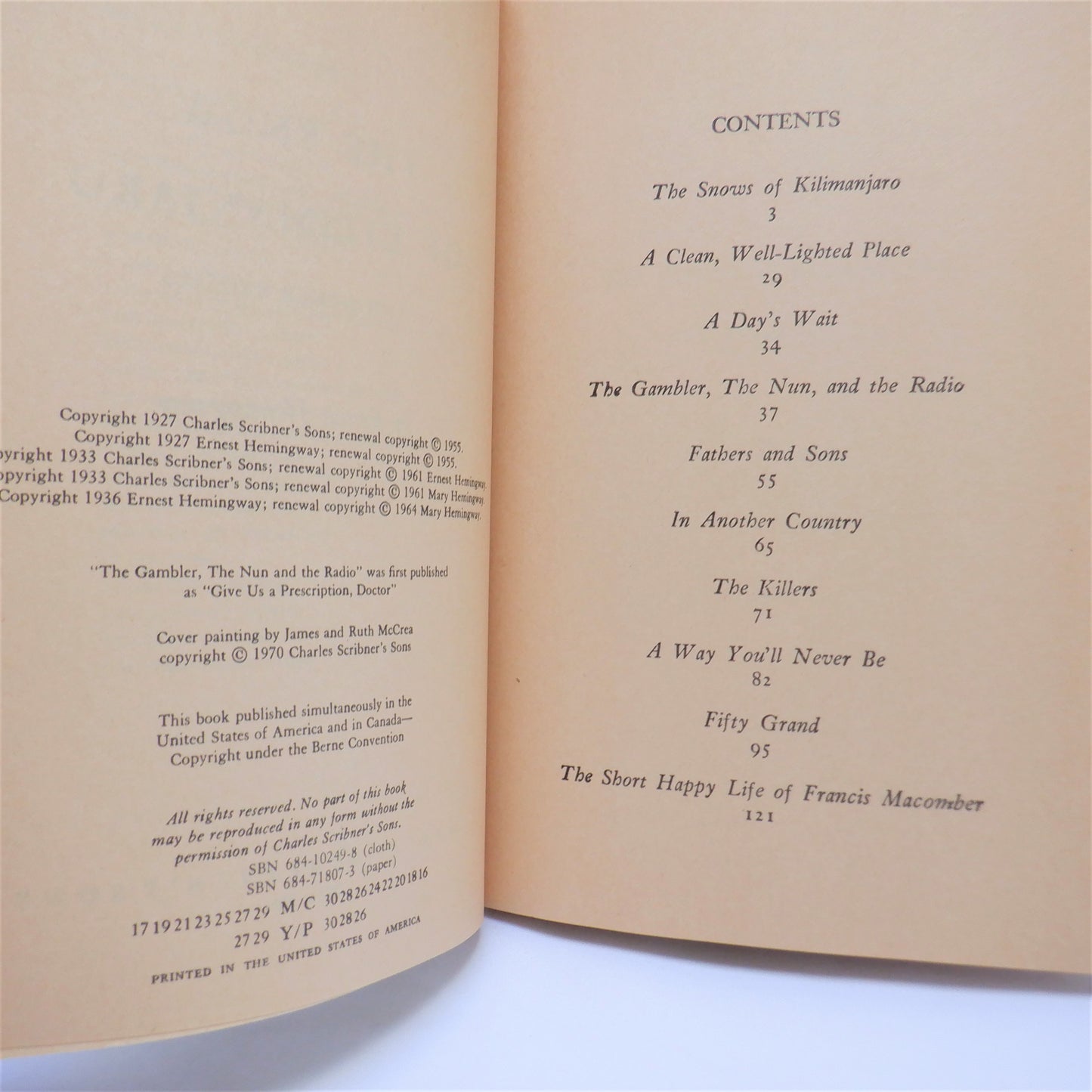 THE SNOWS OF KILIMANJARO and OTHER STORIES, by Ernest Hemingway, 1970