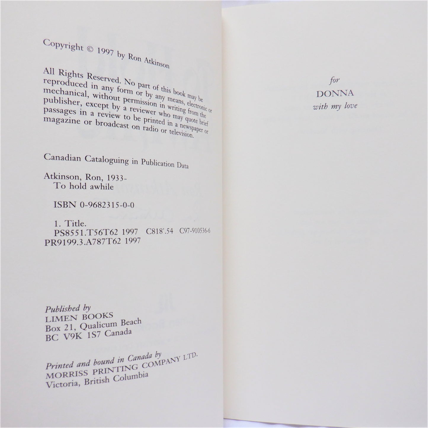 TO HOLD AWHILE, Lyrical Essays by Ron Atkinson (1st Ed. SIGNED)