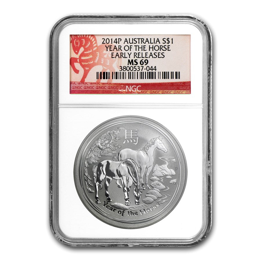 2014P YEAR OF THE HORSE: 1 Full Troy Oz .999 Fine Silver $1 Coin, 'Early Release' by Australia's Perth Mint. NGC Certified MS69