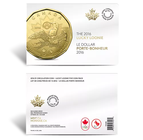 2016 LUCKY LOONIE, Royal Canadian Mint Sealed 5-Coin-Package!