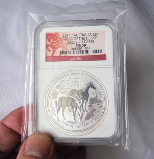 2014P YEAR OF THE HORSE: 1 Full Troy Oz .999 Fine Silver $1 Coin, 'Early Release' by Australia's Perth Mint. NGC Certified MS69