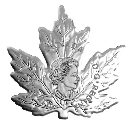 2015 Canadian MAPLE LEAF SHAPED $20 Silver Coin on Red Maple Leaf Wood Stand: 1 Troy Ounce of .9999 Pure Silver!