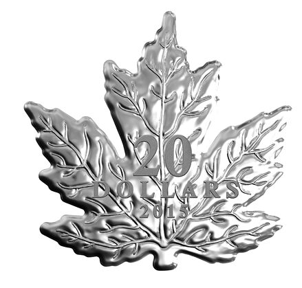 2015 Canadian MAPLE LEAF SHAPED $20 Silver Coin on Red Maple Leaf Wood Stand: 1 Troy Ounce of .9999 Pure Silver!