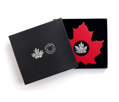 2015 Canadian MAPLE LEAF SHAPED $20 Silver Coin on Red Maple Leaf Wood Stand: 1 Troy Ounce of .9999 Pure Silver!