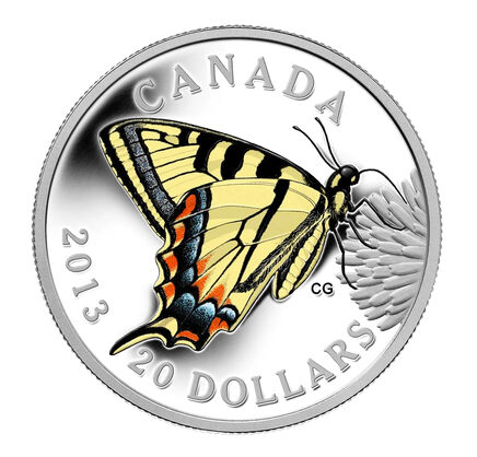 2013 Canadian 1 ounce Pure 99.99% Fine Silver $20 Coin: COLOURED TIGER SWALLOWTAIL BUTTERFLY
