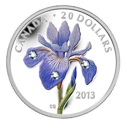 2013 Canadian 1 ounce Pure 99.99% Fine Silver $20 Coin: BLUE FLAG IRIS and SWAROVSKI CRYSTALS