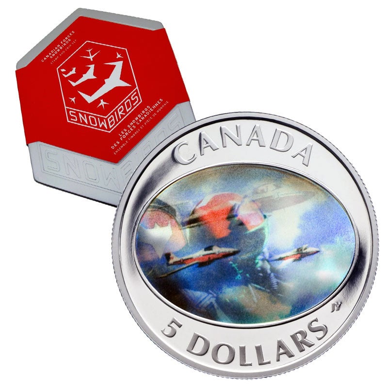 2006 Canadian Forces $5 SNOWBIRDS Double Hologram Pure .9999 Fine Silver Coin & Stamp Set in a Collectible Tin!