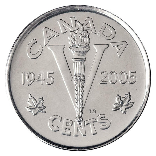 2005-P (1945-) Canadian 5-Cent VICTORY VE-DAY NICKEL 60th Anniversary Coin (Brilliant Uncirculated) Original RCM Paper Tube of 40