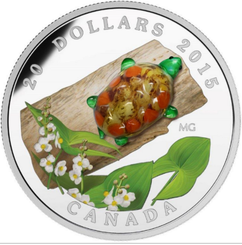 2015 Pure Silver 1oz $20 Coin: VENETIAN GLASS TURTLE with Broadleaf Arrowhead Flower