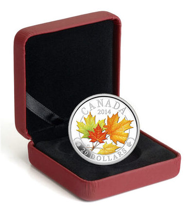 2014 MAJESTIC MAPLE LEAVES IN COLOUR, $20 Pure Fine 1oz Canadian .9999 Silver Coin