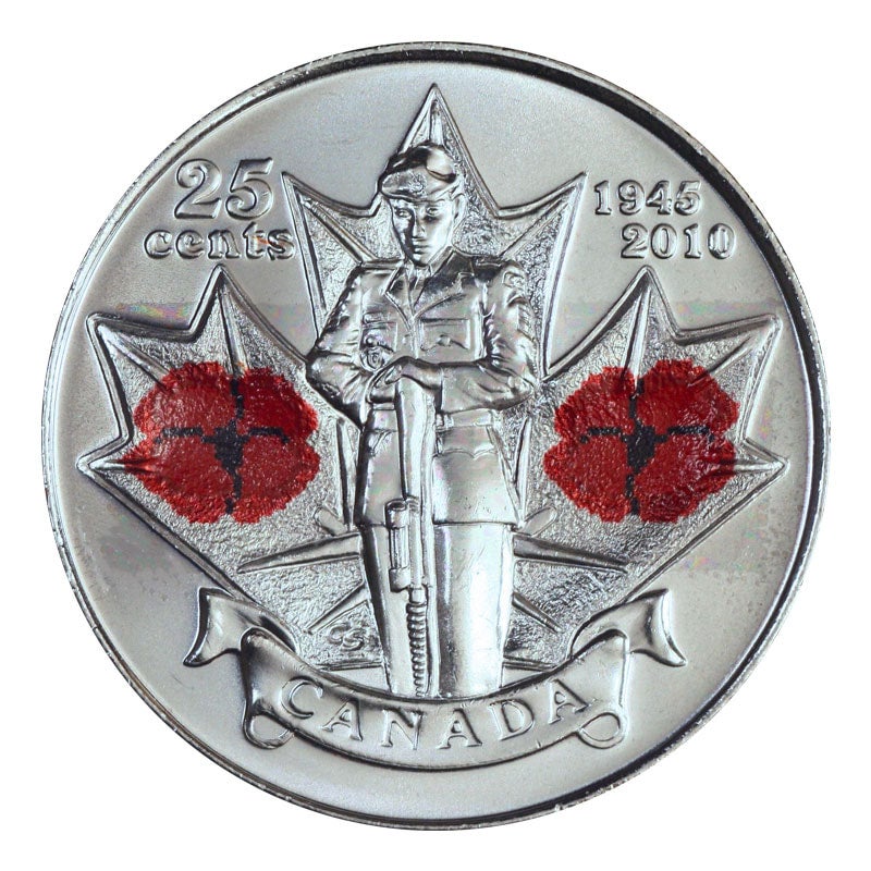 2010 Canadian .25-cent RED POPPY COLOURED QUARTER: 'Year Of The Veteran'