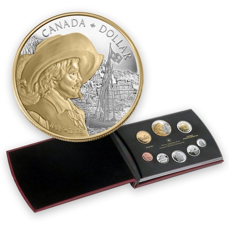 2008 QUEBEC'S 400th Anniversary: Canadian 8-Piece Fine Proof Silver Coin Set, with New Gold Plating Technique