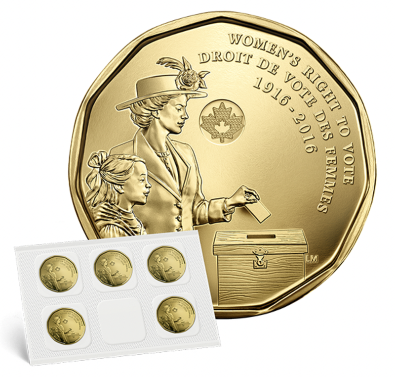 2016 Canadian $1 WOMEN'S RIGHT TO VOTE 100th Anniversary Loonie 5-Pack!