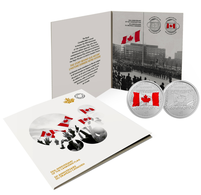 2017 50th ANNIVERSARY OF THE CANADIAN FLAG, A Royal Canadian Mint 2-Coin Collector Pack of Coloured and Non-Coloured 25 Cent Quarters
