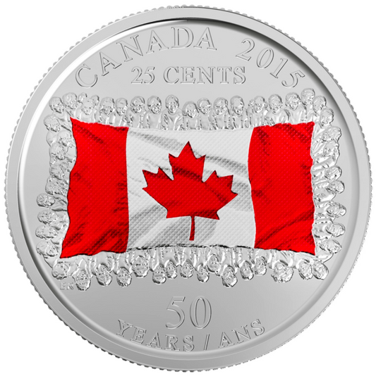 2017 50th ANNIVERSARY OF THE CANADIAN FLAG, A Royal Canadian Mint 2-Coin Collector Pack of Coloured and Non-Coloured 25 Cent Quarters