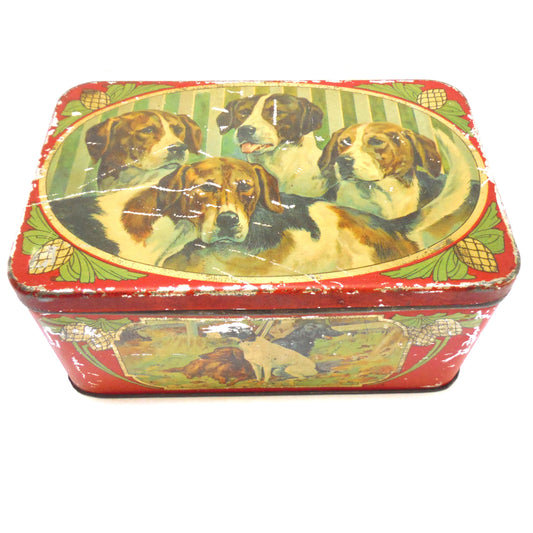 Antique Hinged-Lid Tin Can Container: 'NINE FINE HUNTING DOGS'
