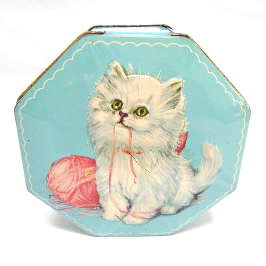 'WHITE FLUFFY KITTEN WITH PINK RIBBON', A Sweet Vintage Hinged-Lid Tin From England
