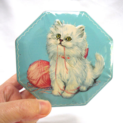 'WHITE FLUFFY KITTEN WITH PINK RIBBON', A Sweet Vintage Hinged-Lid Tin From England