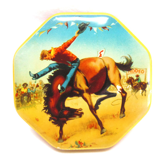 Vintage Toffee Tin by A.S. Wilkin Limited, Newcastle-Upon-Tyne: CREMONA PARK RODEO COWBOY ON HORSEBACK