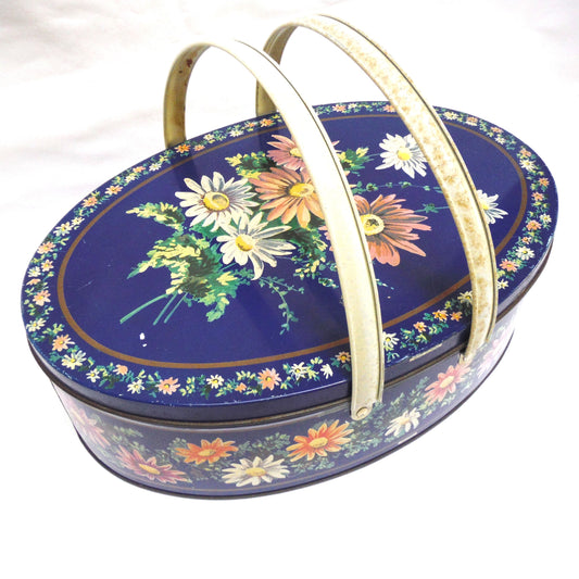Antique Tin by Huntley & Palmers: 'BLUE DAISIES' Oval Basket with Dual Basket-Style Handles