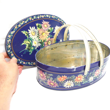 Antique Tin by Huntley & Palmers: 'BLUE DAISIES' Oval Basket with Dual Basket-Style Handles