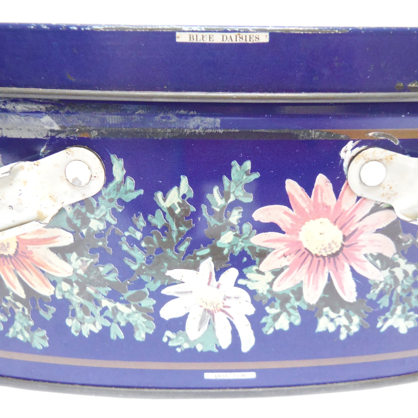 Antique Tin by Huntley & Palmers: 'BLUE DAISIES' Oval Basket with Dual Basket-Style Handles