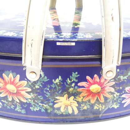 Antique Tin by Huntley & Palmers: 'BLUE DAISIES' Oval Basket with Dual Basket-Style Handles