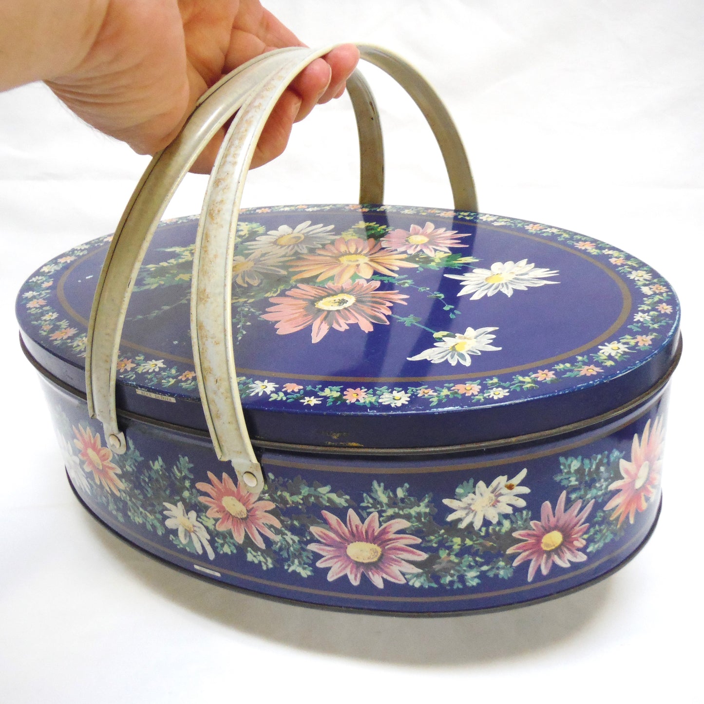 Antique Tin by Huntley & Palmers: 'BLUE DAISIES' Oval Basket with Dual Basket-Style Handles