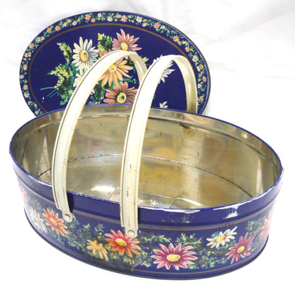 Antique Tin by Huntley & Palmers: 'BLUE DAISIES' Oval Basket with Dual Basket-Style Handles