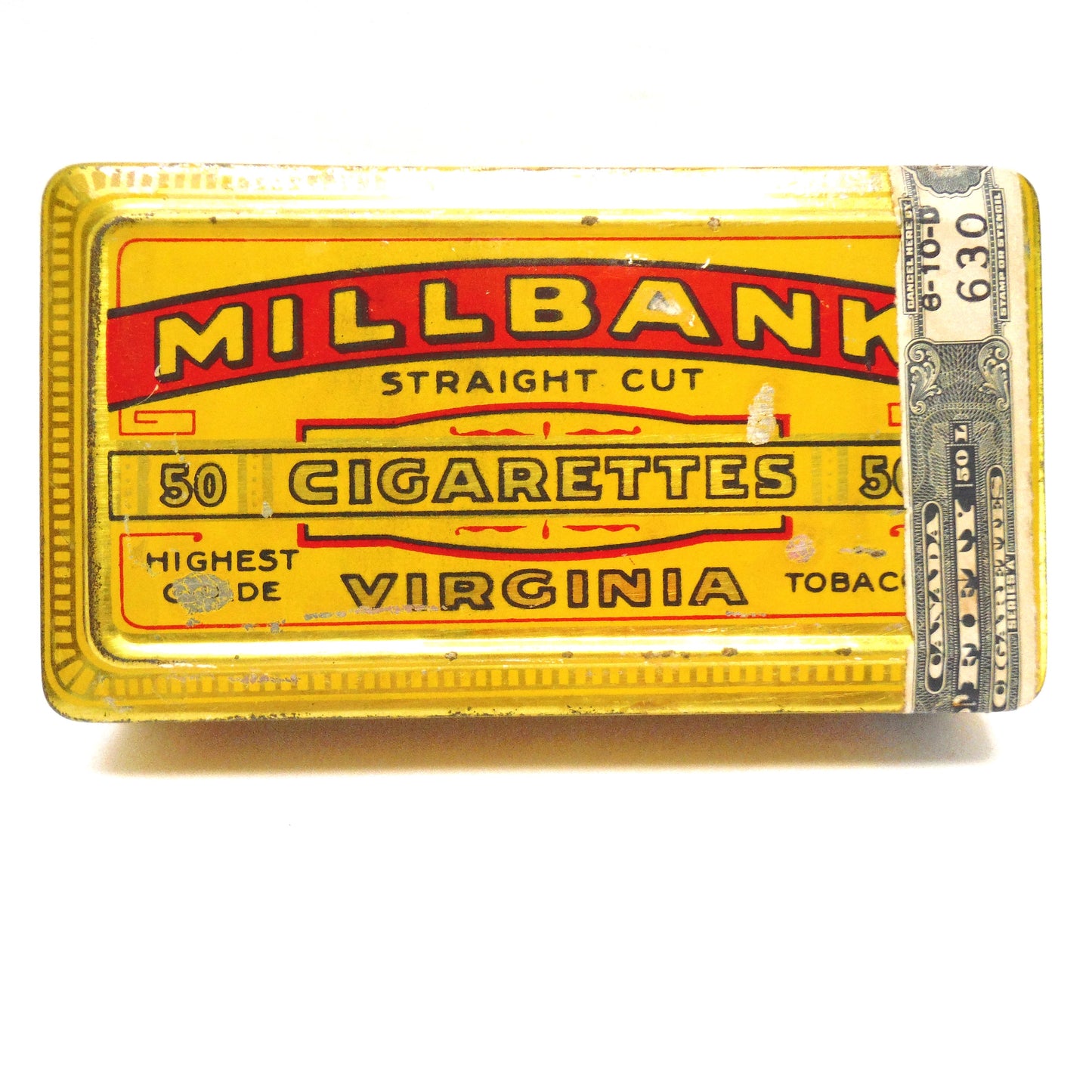 Vintage Tobacco Tin by MILLBANK VIRGINIA CIGARETTES, with Canada 50 Excise Label, TIN #2