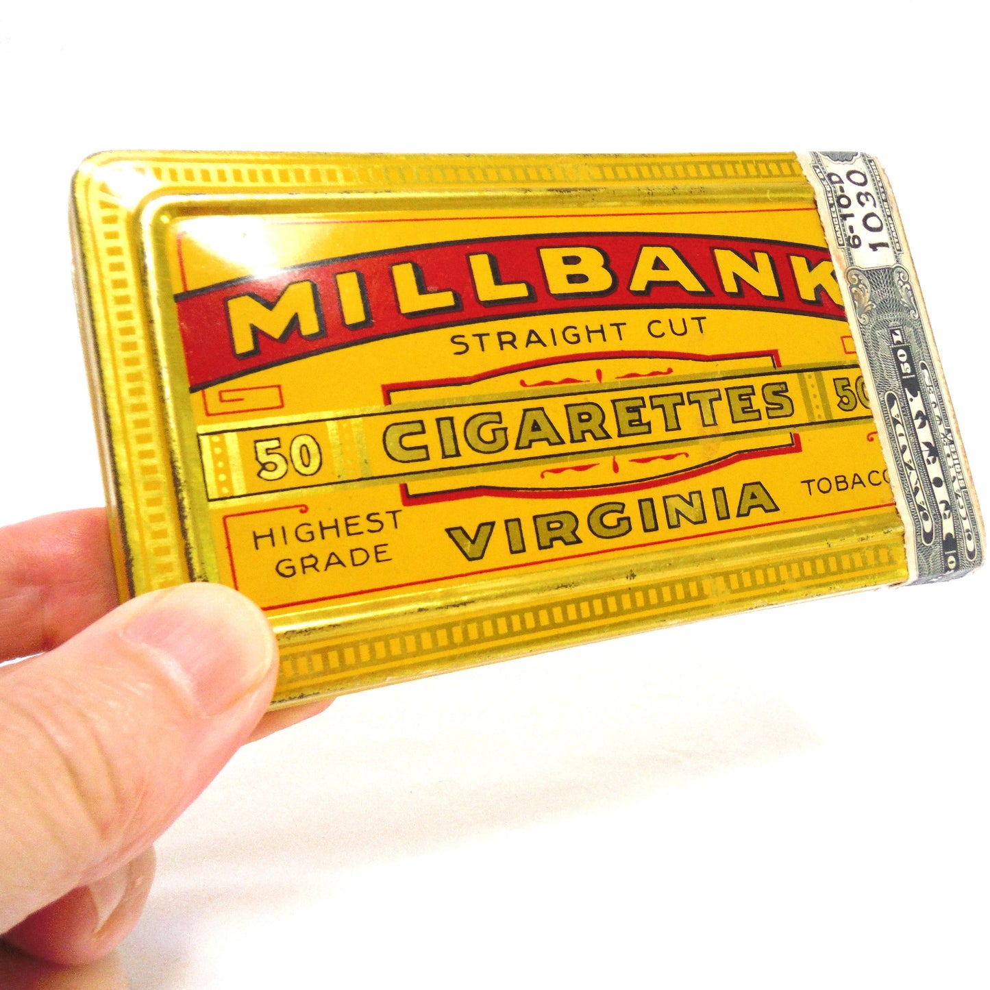 Vintage Tobacco Tin by MILLBANK VIRGINIA CIGARETTES, with Canada 50 Excise Label, TIN #1