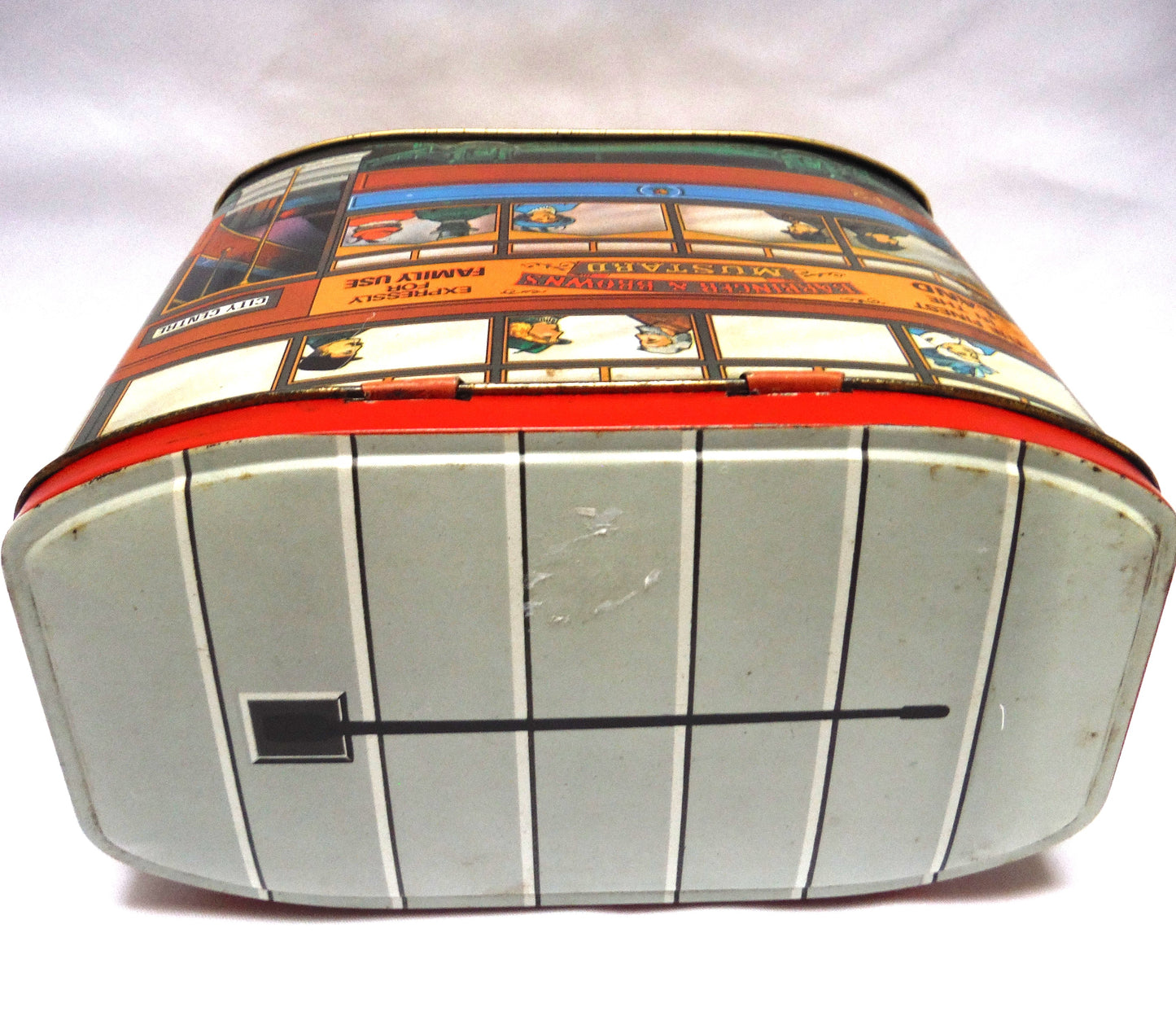 Vintage Tin by Barringer & Brown's Mustard 'DOUBLE-DECKER-BUS' with hinged lid.