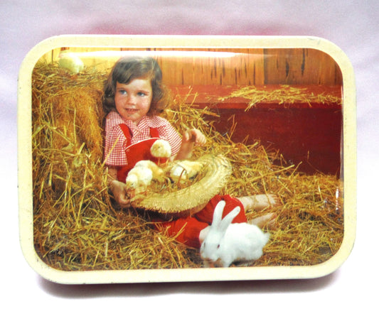 Antique Pocket Tin by Blue Bird Confectionery Limited: 'EASTER GIRL, CHICKS & ONE-RABBIT'