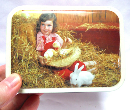 Antique Pocket Tin by Blue Bird Confectionery Limited: 'EASTER GIRL, CHICKS & ONE-RABBIT'