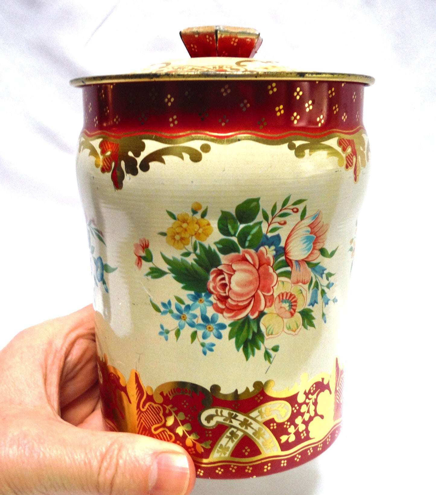 Antique Round FLOWERED TEA-CADDY TIN CONTAINER, by George Horner & Company of England