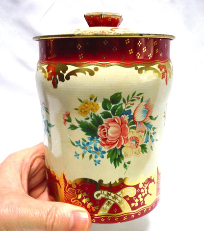 Antique Round FLOWERED TEA-CADDY TIN CONTAINER, by George Horner & Company of England