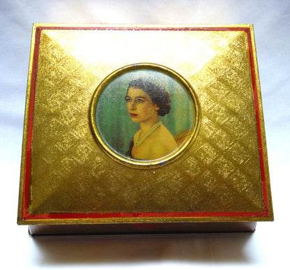 Antique Gold Hinged-Lid 1953 Coronation Tin by McVitie & Price of Great Britain: "CAMEO OF QUEEN ELIZABETH II'